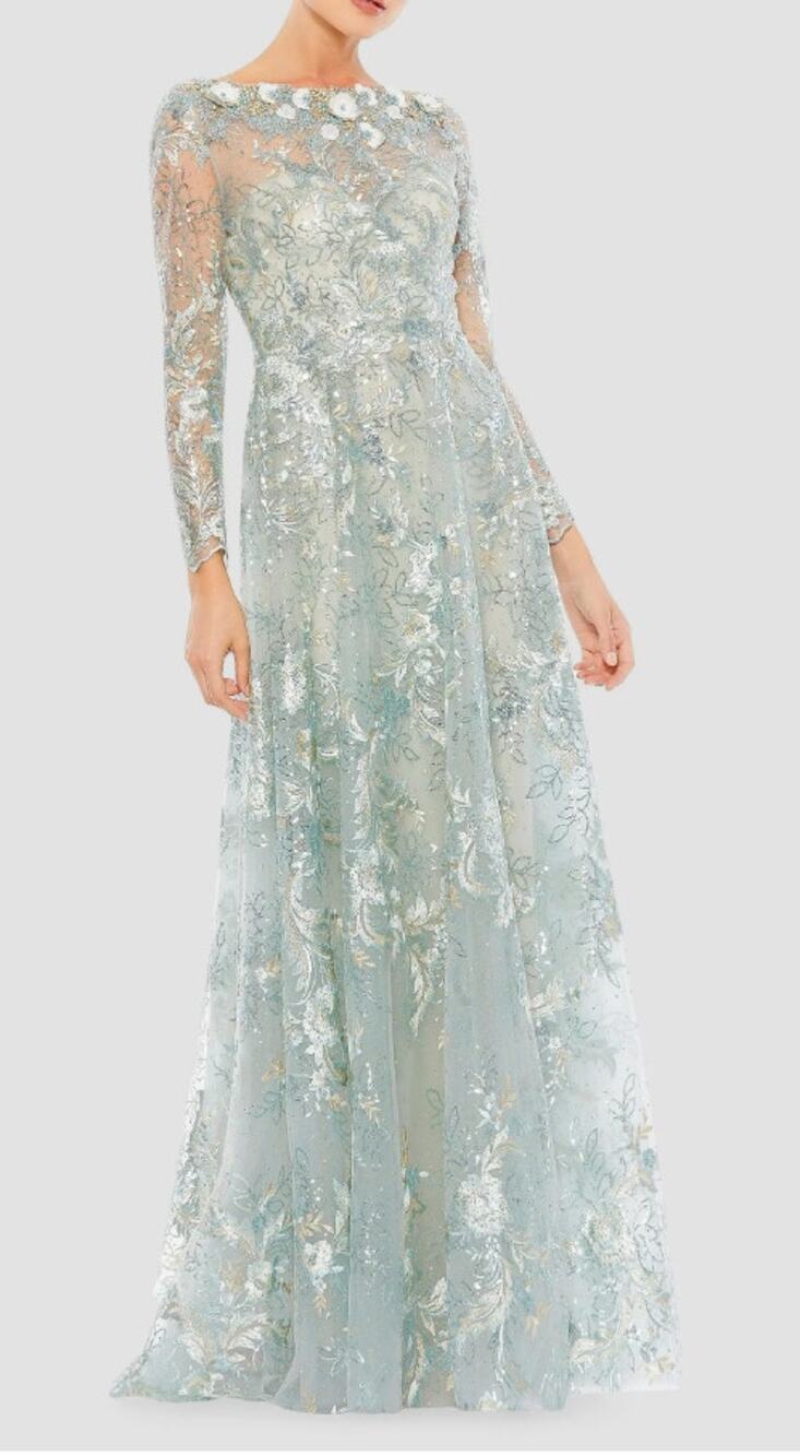 Mac Duggal Floral Embroidered Illusion Gown, Long Sleeve, Blue Mist, size 12